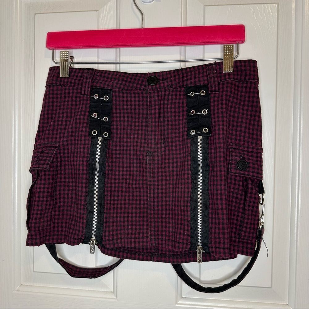 RARE VTG Tripp NYC Maroon Check Plaid Bondage Miniskirt M Mall Punk Rockstar Y2K
